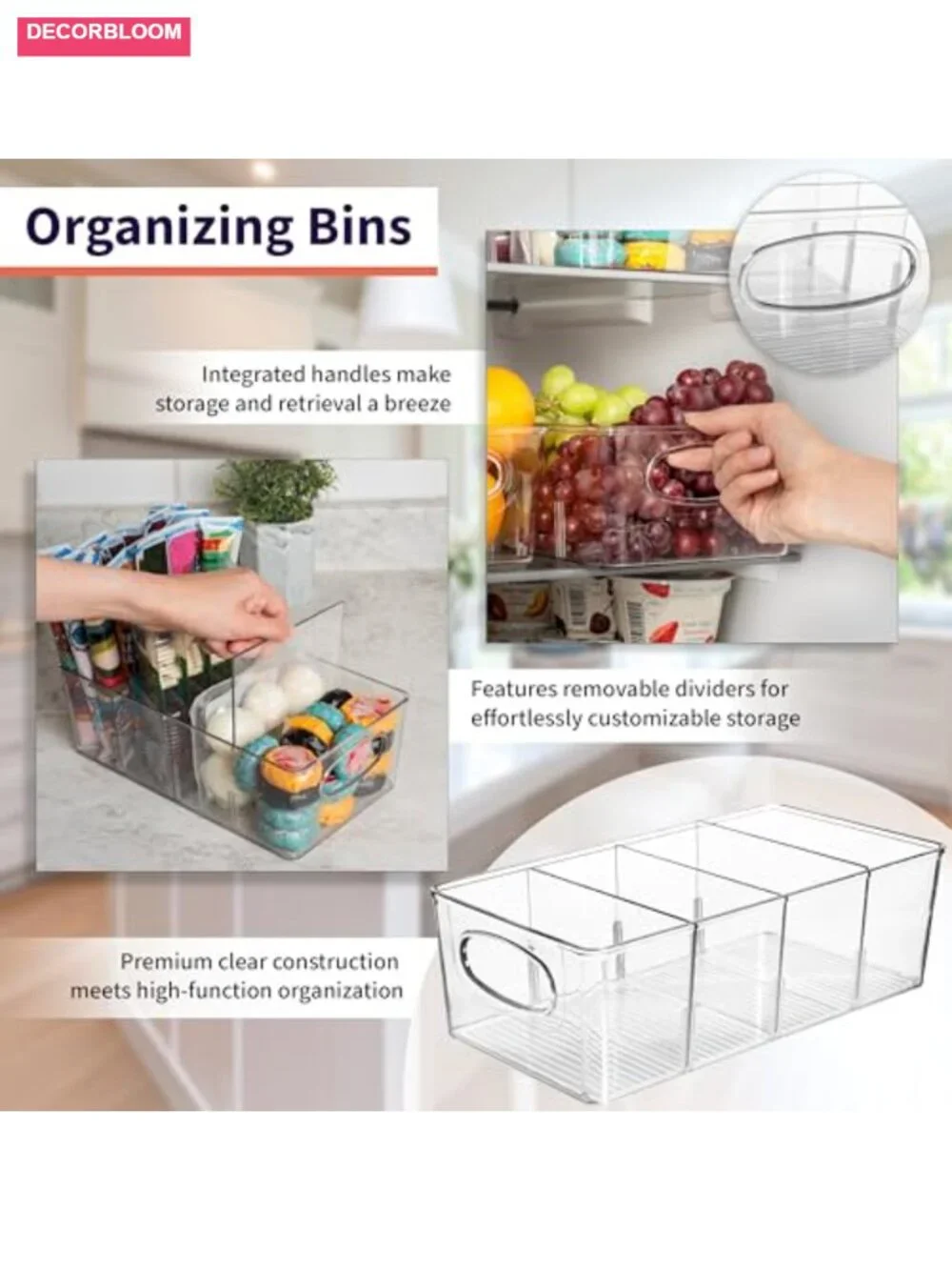 Clear Divided Pantry Fridge Organizer Bins with Removable Dividers
